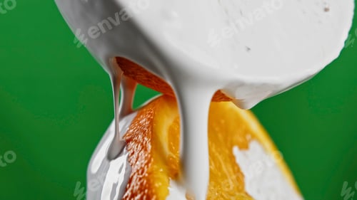 Preview: Dessert kitchen concept on a green background. Stock clip. Oranges and sweet butter cookies doused