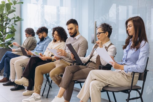 Preview: Diverse group of job candidates waiting for interviews in an office reception area