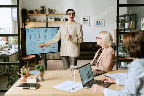 Preview: Middle Aged Woman Presenting Business Data to Diverse Colleagues