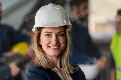 Preview: Portrait of female chief engineer in modern industrial factory looking at camera.