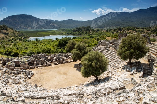 Preview: Turkey touristic area Dalyan Ortaca, Kaunos rock tombs in Dalyan, ancient city of Kaunos, Turkey.