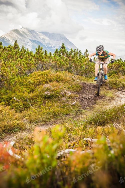 Preview: Mountain biker rides a narrow trail amidst stunning nature