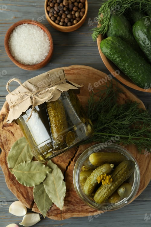Preview: Concept of cooking pickles on gray wooden table