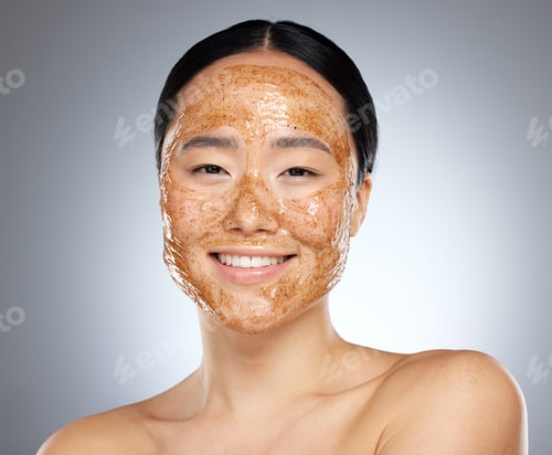 Preview: Woman with face mask, korean skincare spa with natural sugar scrub product or portrait in gray back