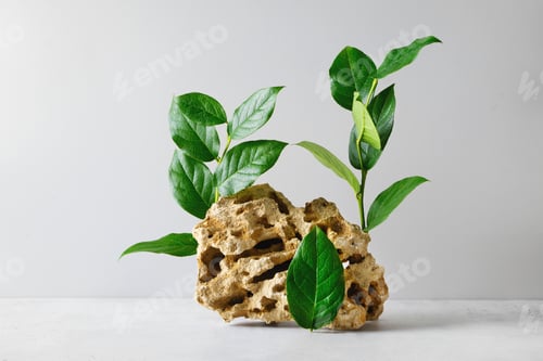 Preview: Stone podium mock up with fresh greenleaves, mock up for product cosmetic
