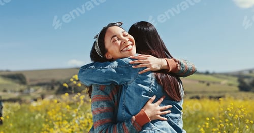 Preview: Friends, women and happy with hugging in countryside for travel adventure, reunion and bonding at r