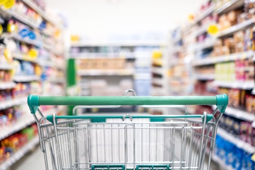 Preview: Background of shopping cart in supermarket departmentstore for choose and buy grocery at shelf