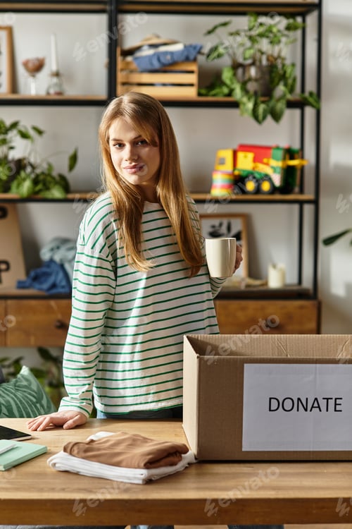 Preview: Pretty young woman donating clothes for a sustainable and eco-friendly lifestyle