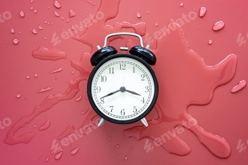 Preview: Black retro alarm clock in a pool of spilled water on a red background. Top view.
