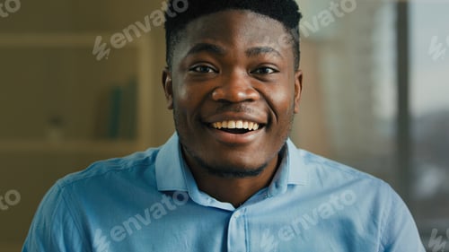 Preview: Excited amazed African American man open mouth astonish positive shock male portrait surprised