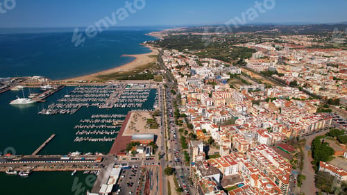 Preview: Aerial view of Vilanova i la Geltru and fishing port with boats in Catalonia, Spain