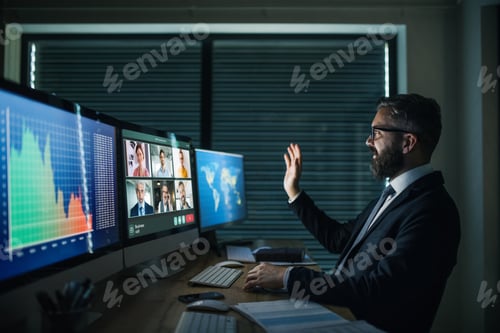 Preview: Businessman with computer sitting at desk, working late. Video call concept