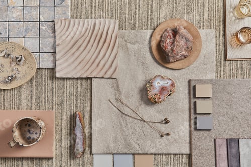 Vista previa: Flat lay of creative design of beige architect moodboard composition