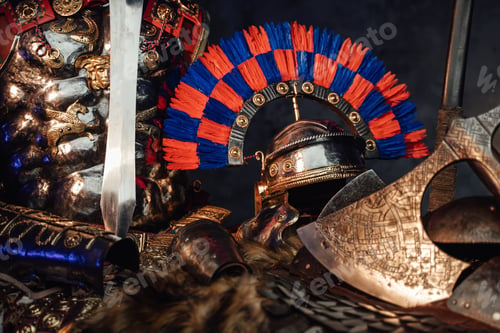 Preview: Antique protective armor with combative axe and sword