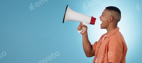 Preview: Man, megaphone and voice for protest, angry speech in politics, justice and vote for change on blue
