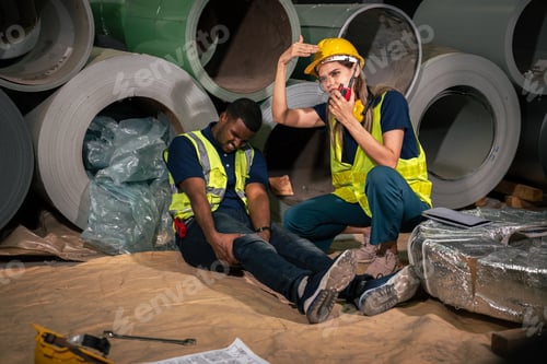 Preview: Industrial First Aid Response by Female Worker Assisting Injured Colleague with Emergency Kit