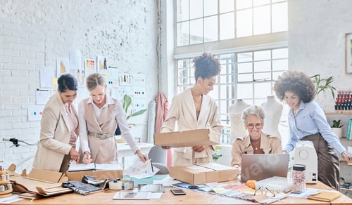 Preview: Delivery manager, laptop and e commerce team work, package box or stock product for commercial sale