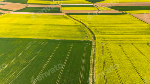 Preview: Colorful agricultural fields at spring, aerial drone view