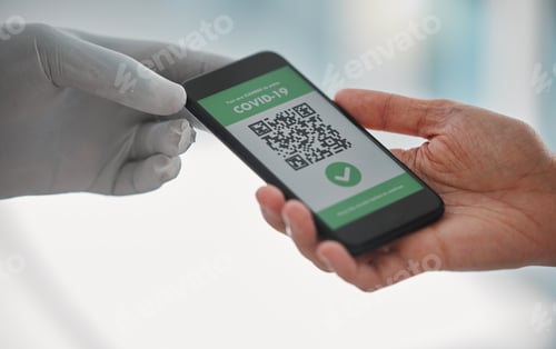 Preview: Covid passport, QR code and travel restrictions with a phone in the hands of people waiting in airp