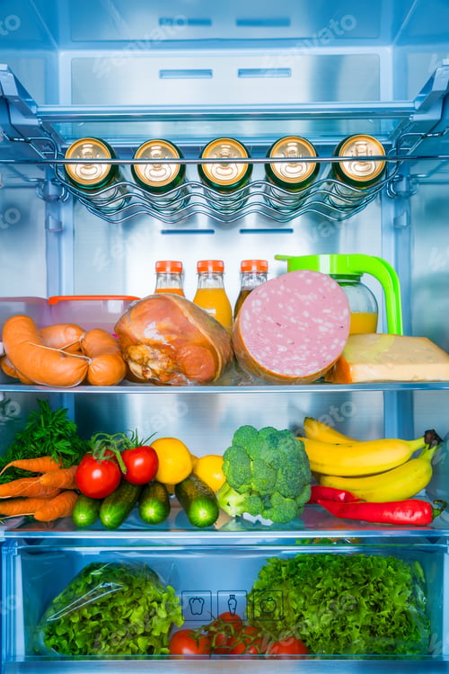 Preview: Open refrigerator filled with food