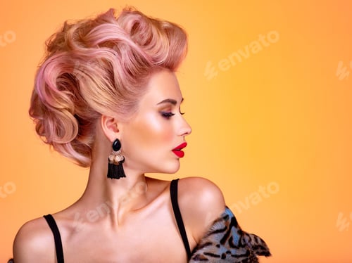 Preview: Beautiful woman with creative hairstyle, vivid makeup.