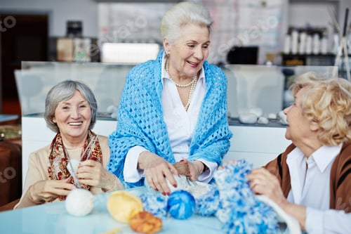 Senior Women Enjoying Knitting and Conversation Together Indoors