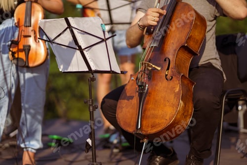 Preview: Male violoncellist playing in orchestra at outdoor concert