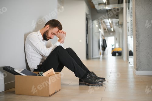 Preview: Sad fired businessman sitting outside meeting room after being dismissed