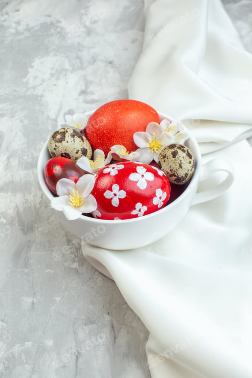 Preview: front view colored easter eggs inside white cup on white background colourful femininity easter