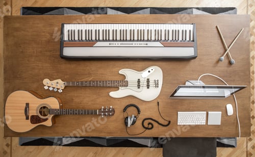 Preview: Top view of a composition of musical instruments on a wooden table in a recording studio.