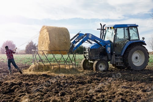 Preview: Boy farmer removing netting from hay stack in dairy farm field