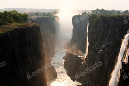 Preview: Wide and high waterfall cascading down steep rock wall of a gorge.