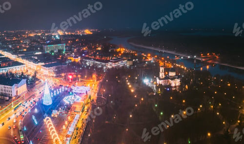 Preview: Gomel, Belarus. Main Christmas Tree And Festive Illumination On Square In Homel. New Year In Belarus