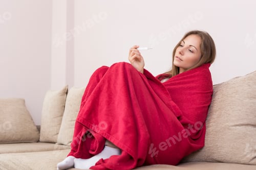 Preview: Young Woman Checking Her Temperature at Home