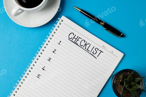 Preview: Image of notebook with checklist and copy space, coffee and pen on blue surface