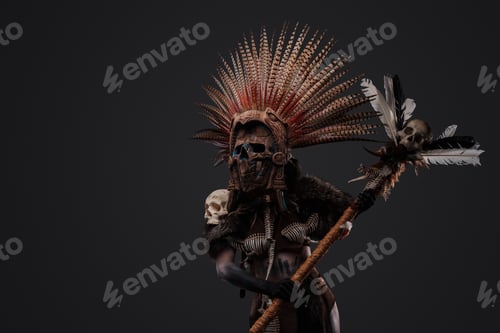 Preview: Antique aztec shaman with staff dressed in ceremonial attire