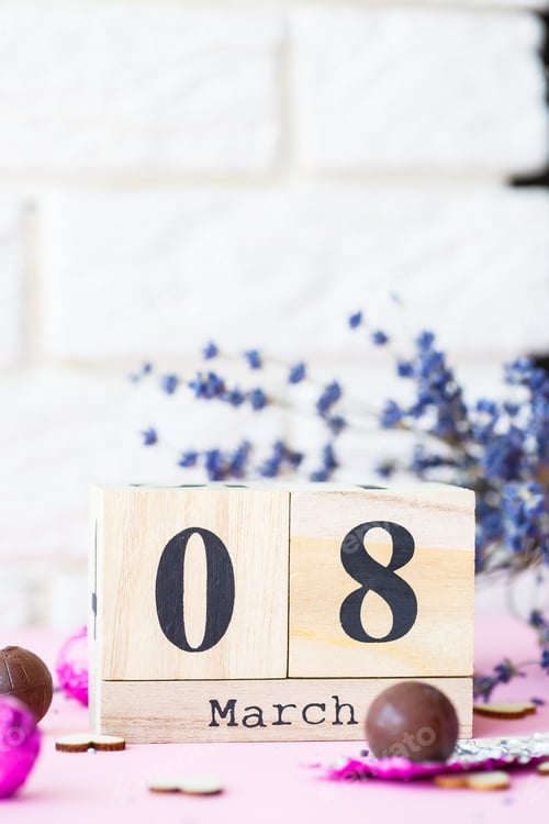 Preview: Date of March 8, International Women's Day with copy space. Wooden decorative calendar
