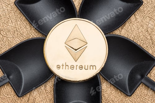 Preview: Top view gold ethereum crypto coin over black shovel mining on golden rough ground
