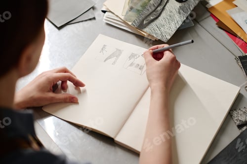 Preview: Making sketches on page of open notepad