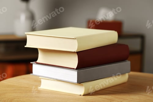 Preview: Many books stacked on wooden table indoors