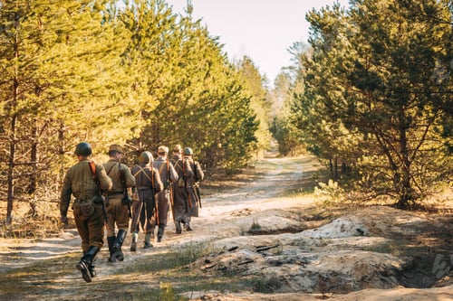 Preview: Group Of Re-enactors Dressed As Soviet Russian Red Army Infantry Soldiers Of World War II Marching
