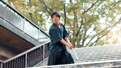 Preview: City, bamboo sword and Asian man on stairs for martial arts, Kendo practice and exercise. Culture,