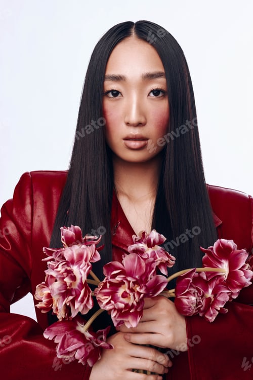 Preview: Elegant woman with long black hair and red jacket holding a beautiful bouquet of flowers at outdoor