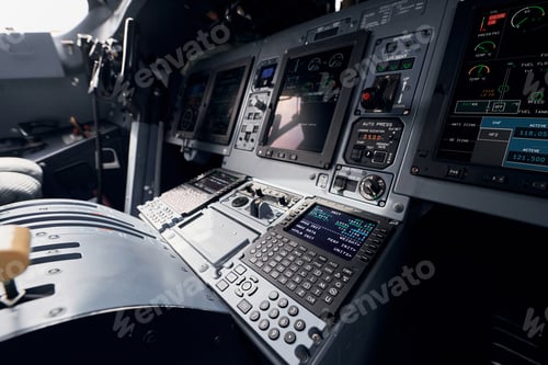 Preview: Display with information. Close up focused view of airplane cockpit