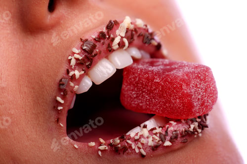Preview: woman mouth with colored candy