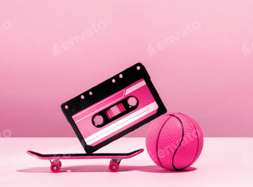 Preview: Creative still life with audio tape, skateboard and basketball ball in pink colors