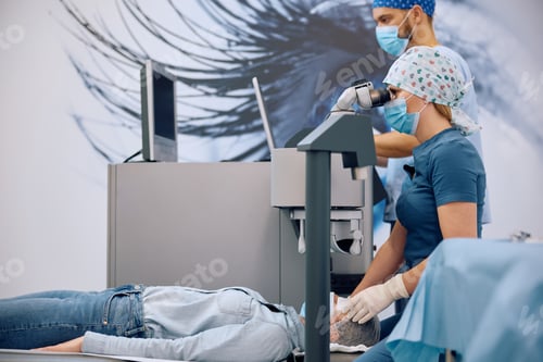 Preview: Female surgeon performing laser eye surgery at ophthalmology clinic.
