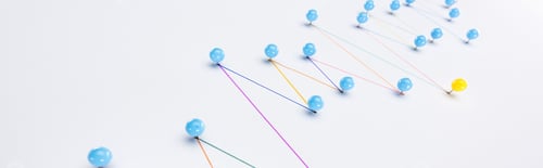 Preview: panoramic shot of colorful connected drawn lines with pins, connection and leadership concept