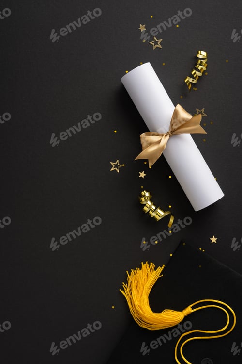 Preview: Symbolic vertical items for graduation including a diploma scroll tied with gold ribbon