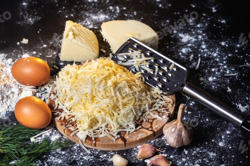 Preview: preparation of the process of cooking cheese balls with garlic and dill on a black background